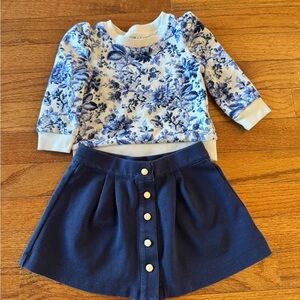 Janie and Jack Blue Floral Sweatshirt and Navy Skirt Matching Set. 12-18 months.